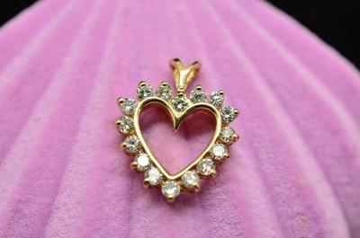 14K Yellow Gold Open Heart Pendant Charm covered with natural diamonds 0.32 tcw