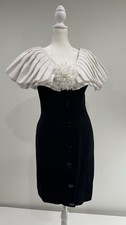 Vintage Victor Costa Black White Button Front Cocktail Dress Pleated Capelet 8