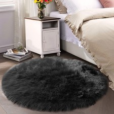 Latepis Black Faux Fur Round Rug 6.7ft Shag Sheepskin Rug for Bedroom Fluffy ...