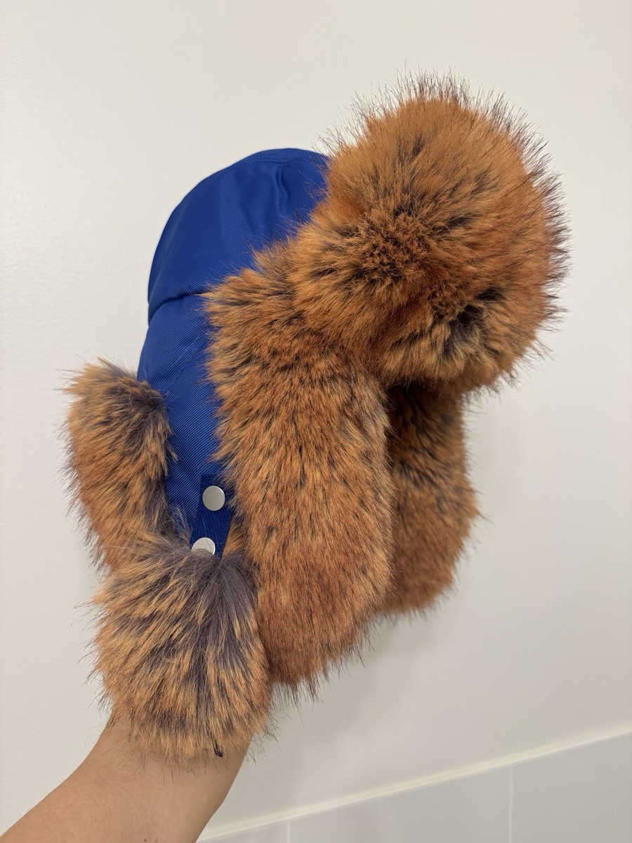 Burberry Daniel Lee Faux Fur Blue Nylon Trapper Hat Runway Size M