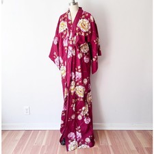 Vintage Japanese Floral Peony Cotton Yukata Burgundy Red Kimono Robe Festival