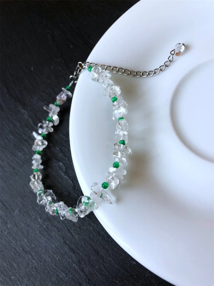Bracelet éclats de pierres naturelles de cristal blanc, avec oeil de chat vert - Photo 3/4