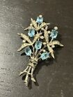 Vintage Trifari Sterling Silver Ice Blue And Clear Rhinestone Flower Brooch Pin