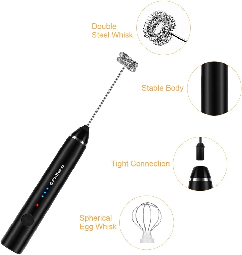 Milk Frother Handheld Rechargeable Coffee Frother - Frother Wand with 2 Heads, E