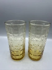Vintage Libbey Pisa Amber Yellow Windowpane Glasses Gold Topaz Mid Century Set/2