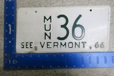 Vermont License Plate Tag 1966 66 VT Municipal MUN Police Cop #36 2 Digit