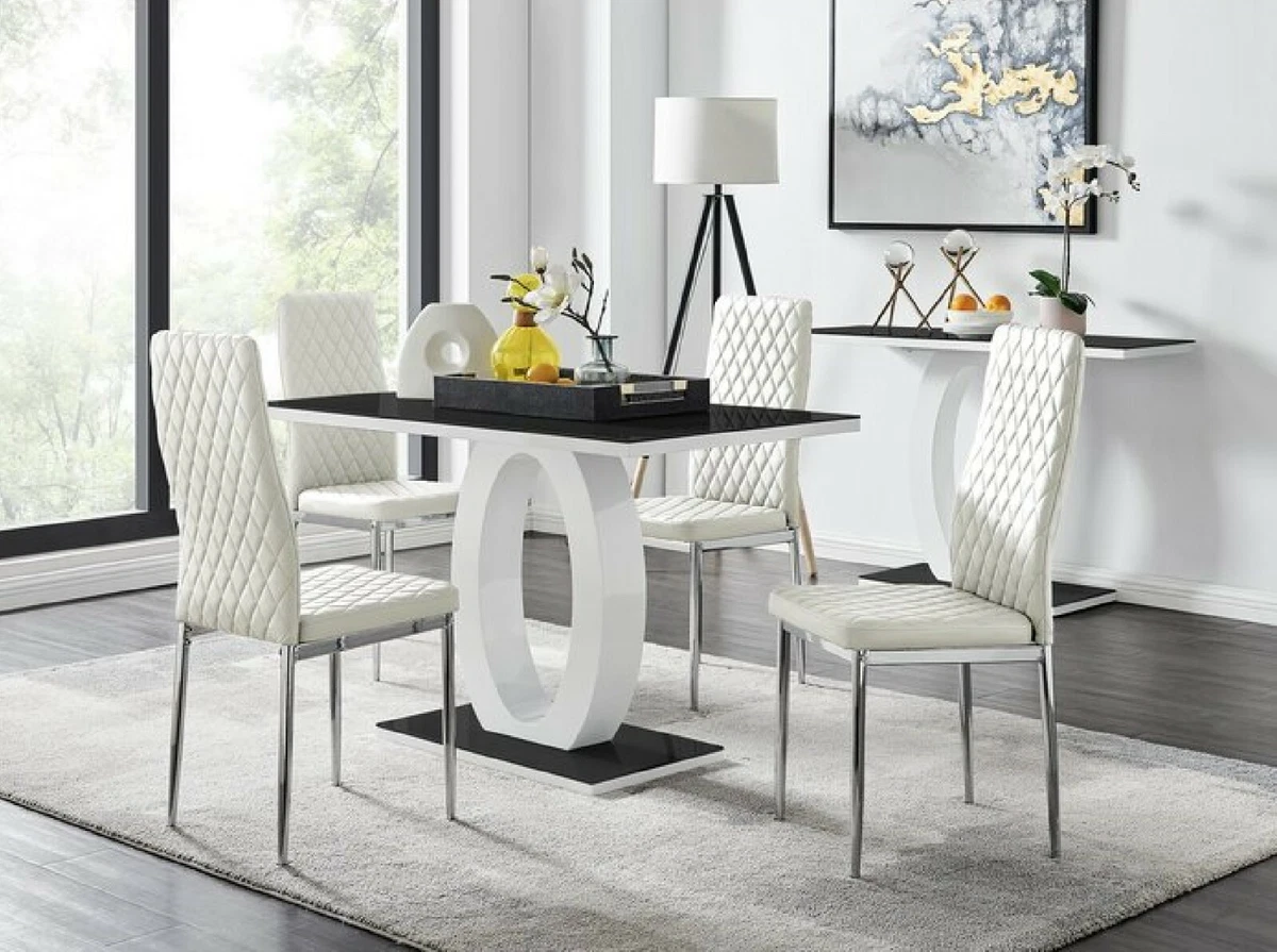 Living Room Modern Dining Set Glass Table with 4 Chairs Luxury Furniture WHITE