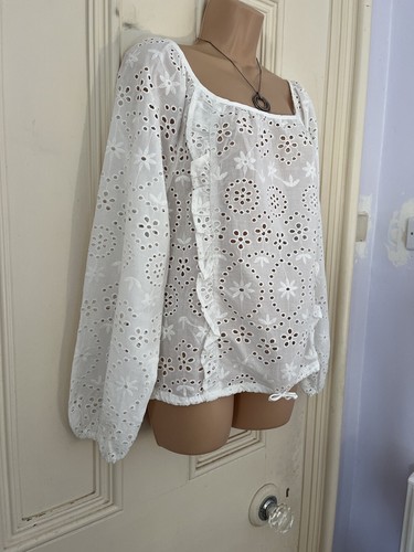 Joe Browns size 10 white long sleeved broderie anglaise top, thin drawstring tie - Picture 5 of 15