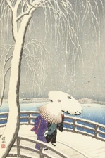 Japanese Art Woodblock Print Shin Hanga, Snow on Willow Bridge, Ueno OHARA KOSON