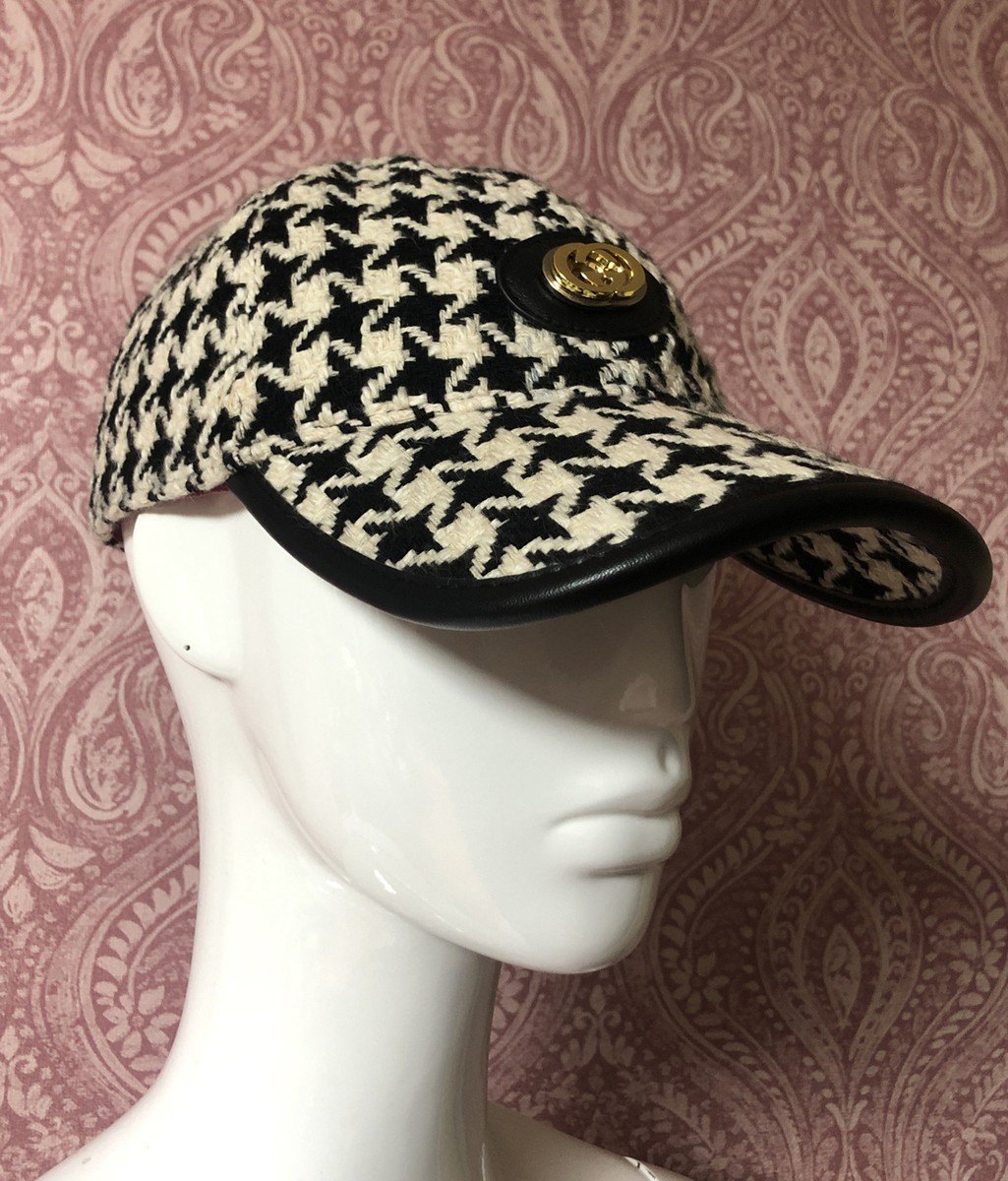 GUCCI Black / White Baseball Cap Leather Trim Houndstooth 