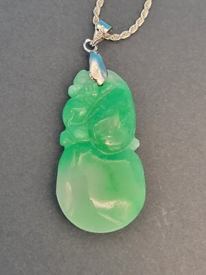 Genuine Moss In Snow Jade Pendant, 18k White Gold Loop on .925 Italy Necklace