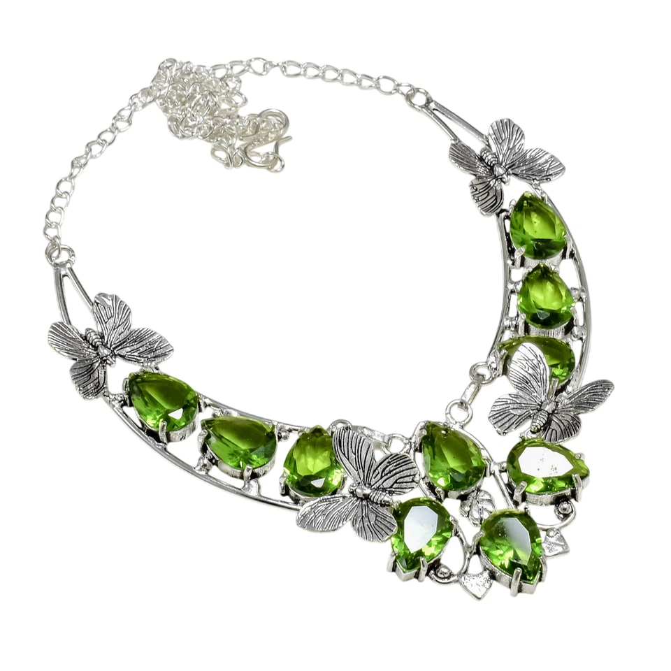 Green Peridot Gemstone Butterfly Handmade 925 Sterling Silver Necklace 18" - Image 2 of 4