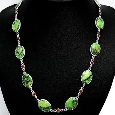 Premium Quality Green Matrix Turquoise & Garnet 925 Silver Necklace N-1024