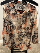 Chico's Sheer Shimmer Animal Print Button Down Top Size 3 XL Orange Black