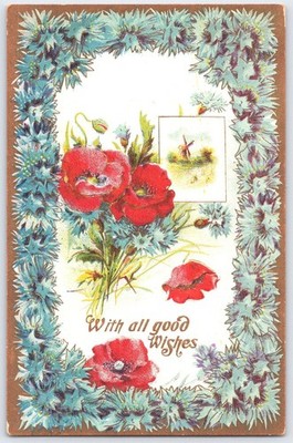 Vintage German Floral Postcard with Poppies & Windmill Motif