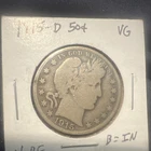 1915-D Barber Half Dollar VG 90% Silver 50C Business Strike Denver Circulated
