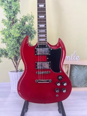 SG Style Red Electric Guitar HH Humbuckers Black Pickguard Mahogany Body