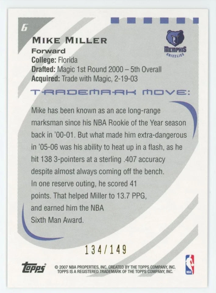 2006-07 Topps Trademark Moves SILVER Mike Miller /149 Grizzlies #6 A42 - Image 2 of 2