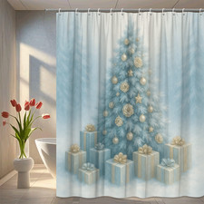 Christmas Shower Curtain with Blue Tree and Gold Decor