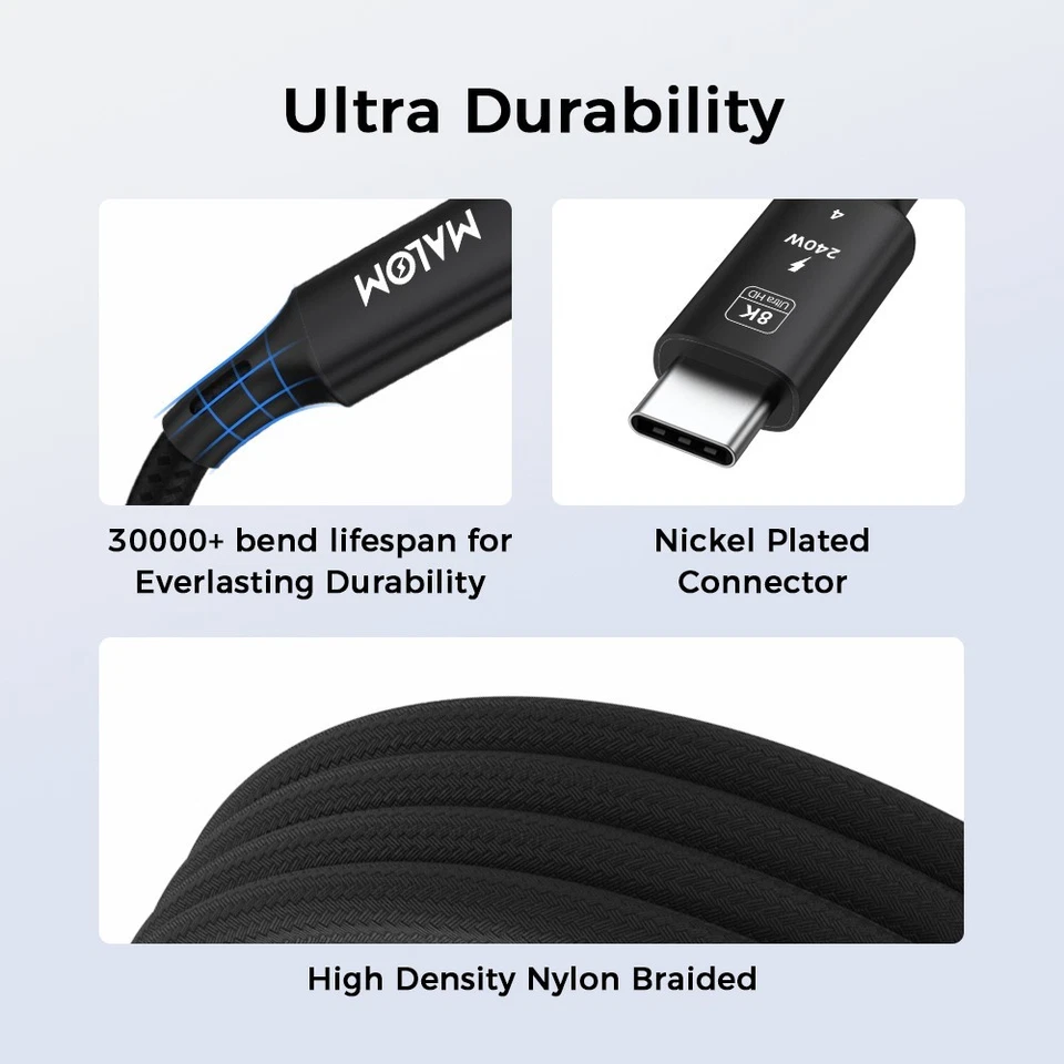 MALOM USB4.0 Type-C Cable 240W PD 40Gbps 8K/60Hz Video Thunderbolt 4 Compatible - Image 3 of 4