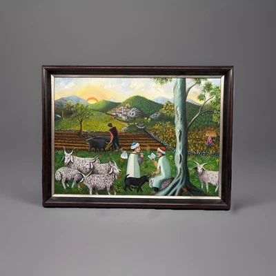 Naive Malerei Ölgemälde Idyllische Landschaft Dorf Hirte Ziegen Schafe gerahmt - Bild 1 von 4