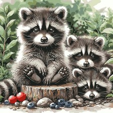 Animals Paint by Numbers Kit for Adults Beginners, Raccoon Family Easy Adult Pai