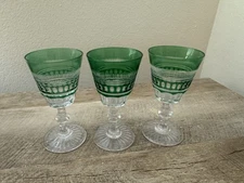 Emerald Green Clear Cut Glass Cordials Glasses Set Of 3 