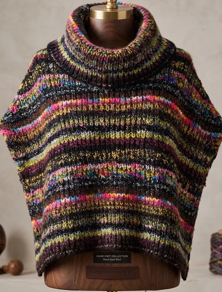 Anthropologie Piera Chunky Knit Turtleneck Poncho M/L, Multicolor New $198MRP