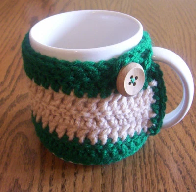 Hand Crochet Green and Tan Buttoned Coffee Mug Cozy - Image 1 of 3