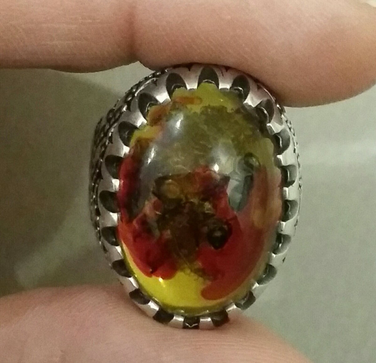 Bague Pour Homme En Argent 925 Avec Ambre Baltique - Sceau Traforé Insecte - Taille Ajustable - Neuf