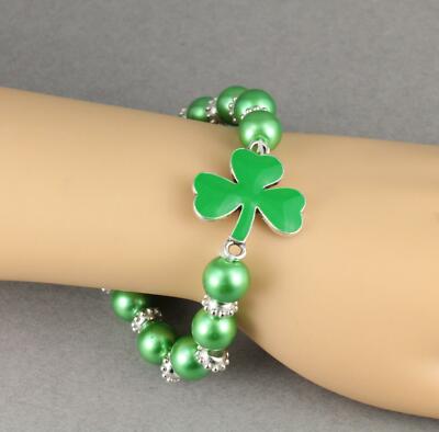 shamrock bracelet stretch green clover stretchy beaded metal charm faux pearl