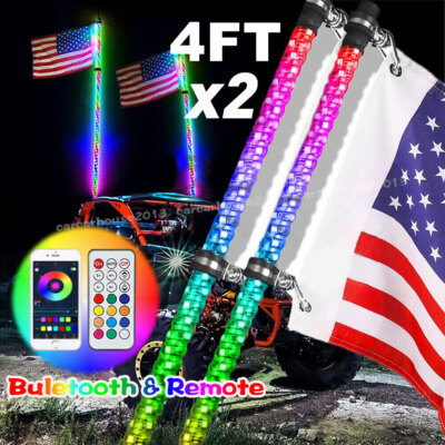 2X 4FT Spiral LED Whip Light Bluetooth & Remote for ATV UTV RGB Chasing Antena