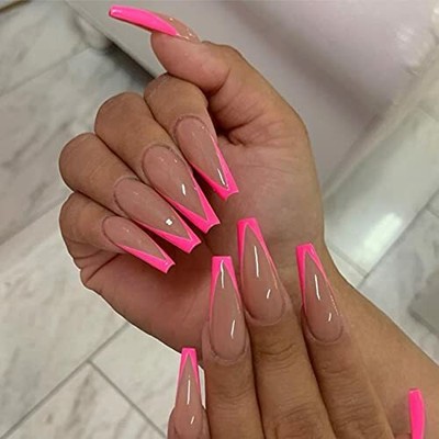 Pink French Nail Red V Shape Long Press On Coffin Nails Full Cover Acrylic Ebay