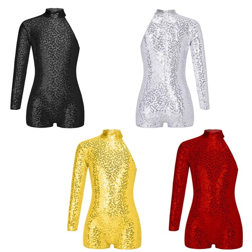 Mädchen Glitzer Pailletten Stehkragen Ballett Tanz Turnanzug Gymnastik Unitard Biketard - Bild 1 von 53
