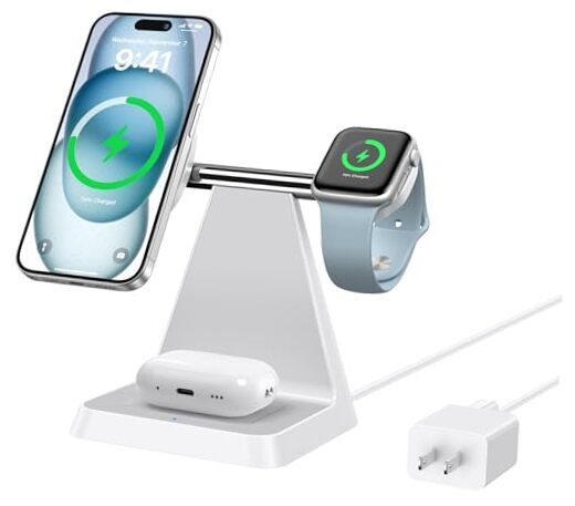 Magnetic Wireless Charger for iPhone - 3 in 1 Mag-Safe Charging Station White