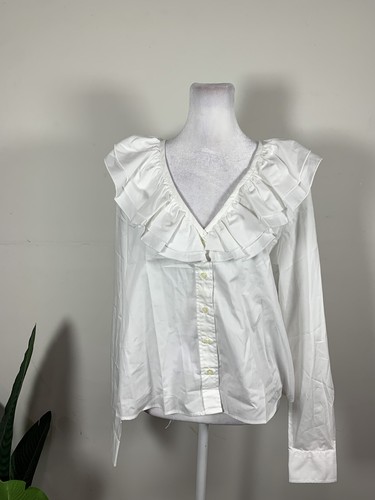 The Shirt Rochelle Behrens Women's 100% Cotton Ruffle Neck Button UP TOP, Size S - 第 2/9 張圖片