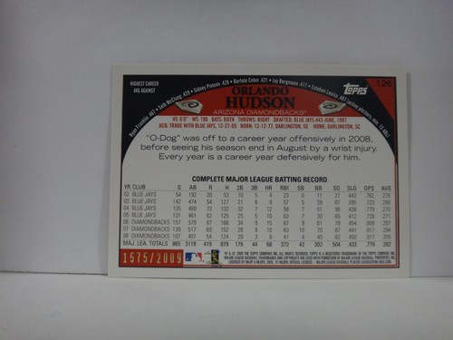 Tarjeta de béisbol Topps Gold Border Diamondbacks 2009 #126 Orlando Hudson/2009 - Imagen 2 de 2