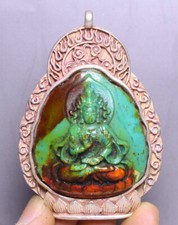 7CM China Silber Inlay Türkis Carve Kwan-yin Guanyin Göttin Amulett Anhänger