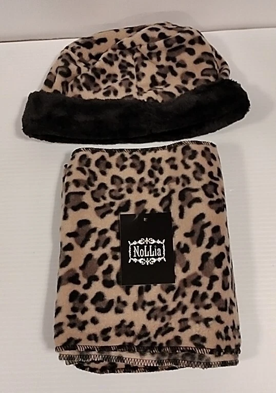 Luxury Divas Nollia Leopard Print Fleece Hat Scarf Set New