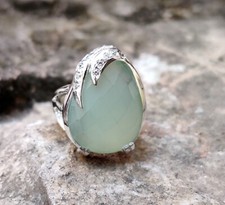 925 Sterling Silver Natural Aqua Green Chalcedony Pear Gemstone Ring Size US 6