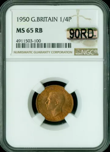 1950 GREAT BRITAIN FARTHING NGC MAC 65 RB 90RD OR 90% RED *