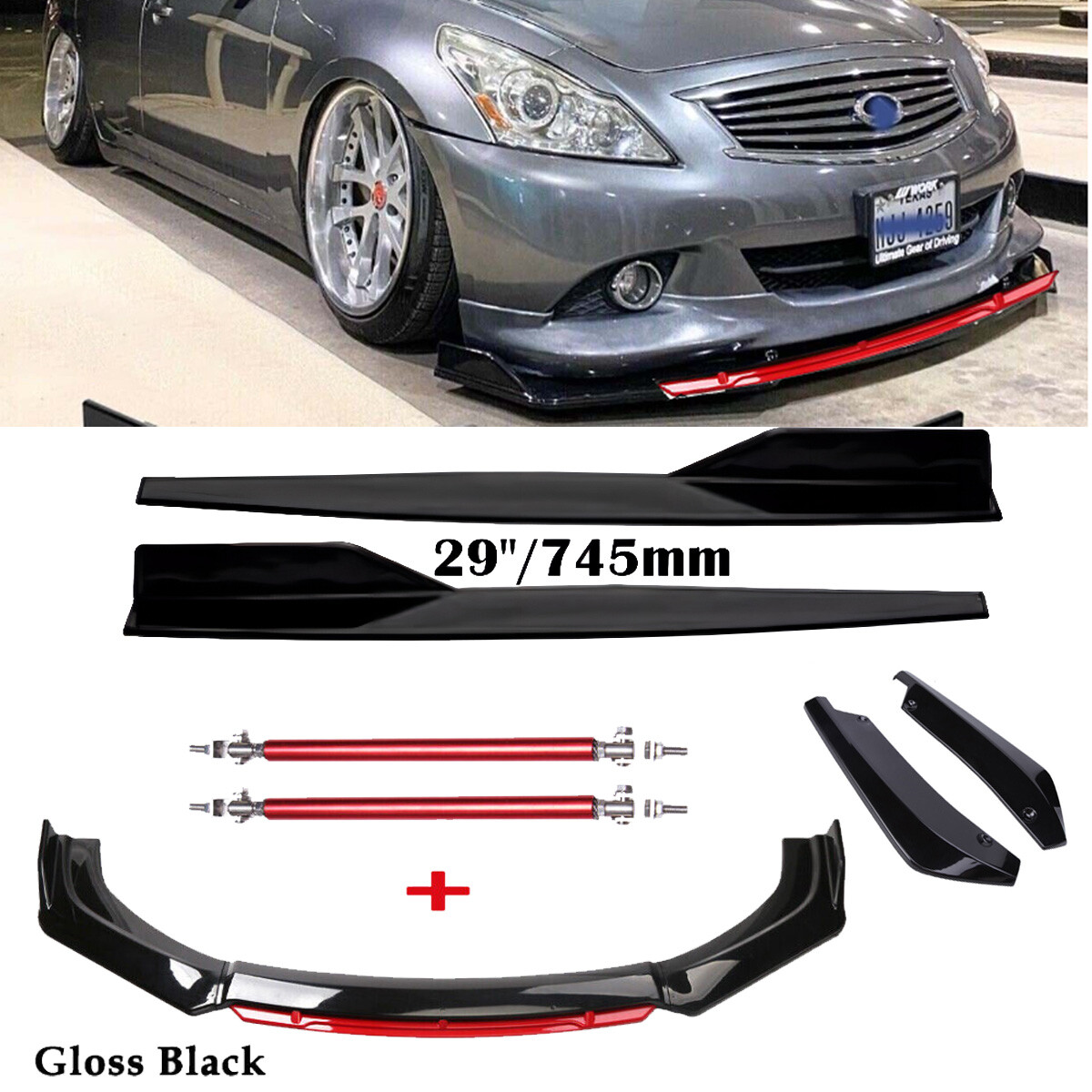 Front Bumper Lip Spoiler Splitter Rear Lip Side Skirt For Infiniti G37 Coupe S
