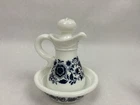 Vtg Avon Milk Glass Blue and White Delft Cruet Pitcher w Bowl Bath Oil Empty
