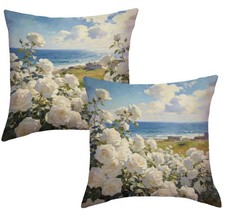 Coastal White Flower Roses Throw Pillow Covers 18x18 Inch Set of 2 Impression...