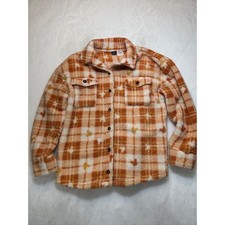 Disney Mickey Mouse Plaid Sherpa Fleece Shacket Shirt Jacket Orange White L