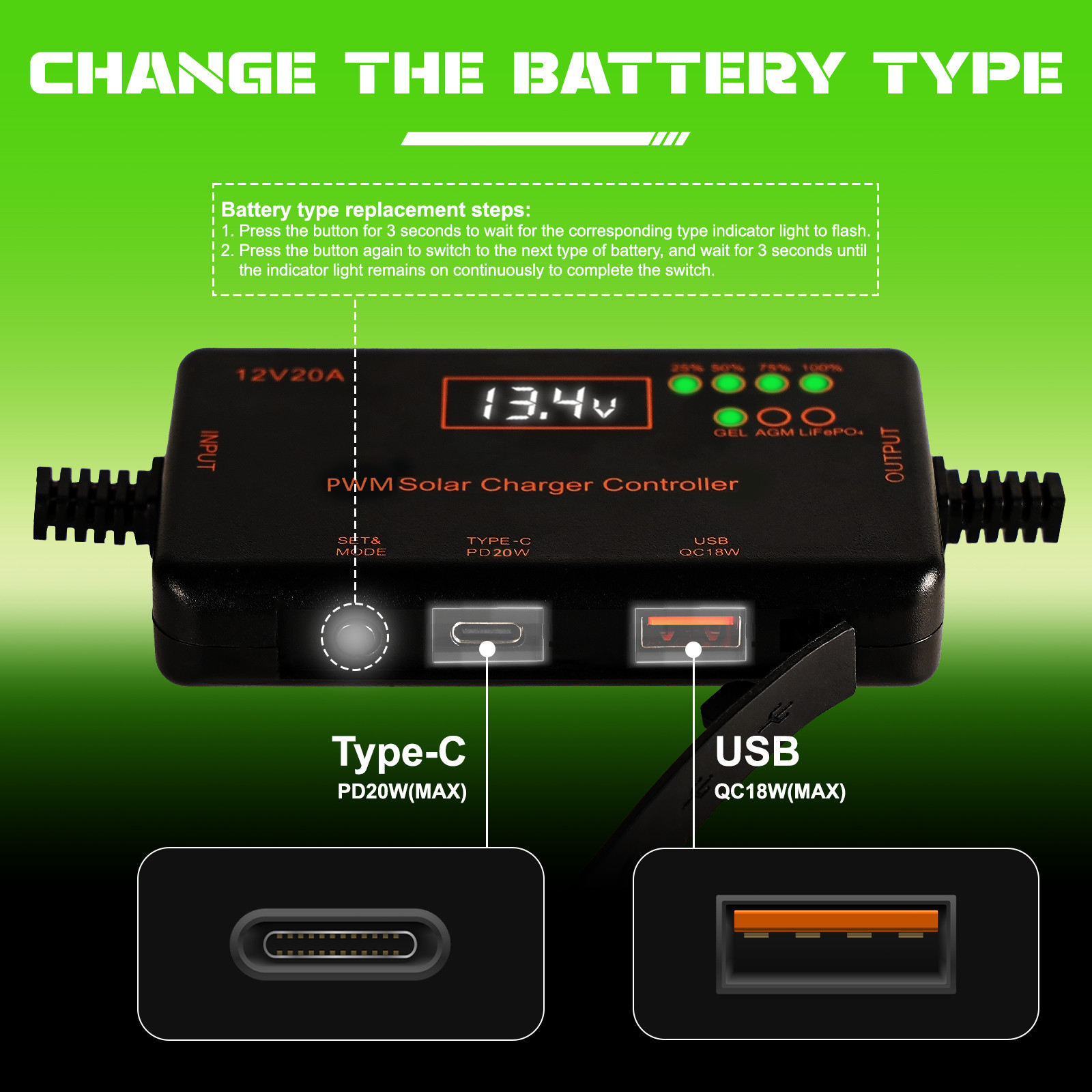 12V 20A PWM Solar Charge Controller, Solar Panel Charge Controller with Type-C
