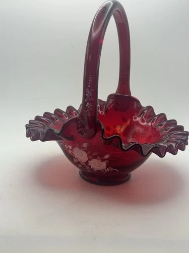 Vintage Ruby Red Glass Basket Fenton Hand Painted Signed By Artist Ruffled Edge