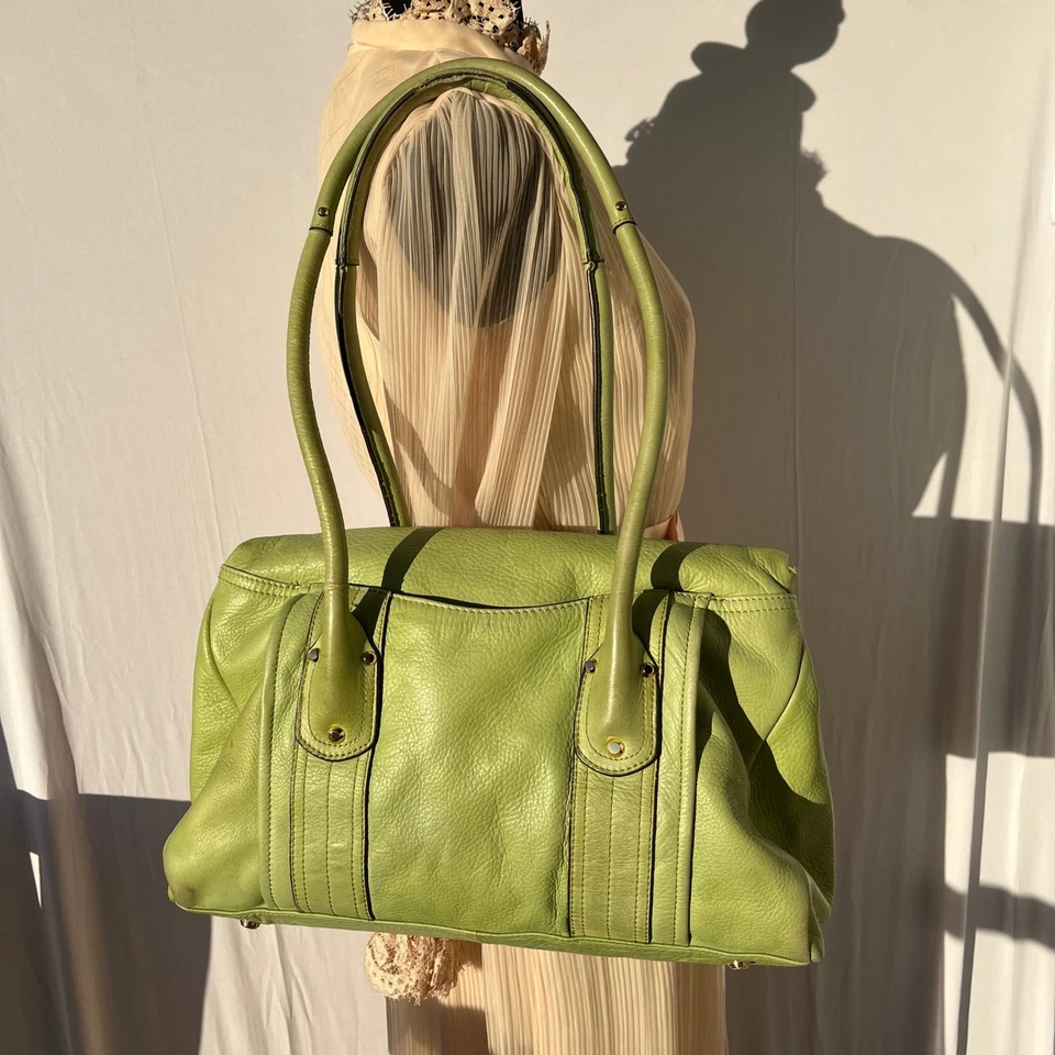 Vtg Y2K B. Makowsky Lime Green Leather Shoulder Bag Hobo Purse Turnlock EUC - Image 3 of 4