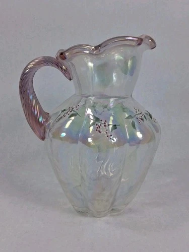 VINTAGE GEORGE FENTON SIGNED ART GLASS CREAMER PITCHER OPALESCENT HAND PAINTED