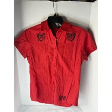 Harley Davidson Womens Red Embroidered Heart Rose Button Up Shirt Medium